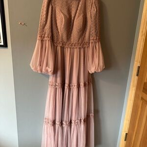 Pink Tiered Ruffled Off the Shoulder Gown